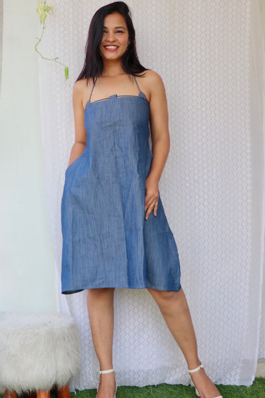 Deniva Denim Midi Dress in lightweight blue denim featuring strappy neckline and flattering midi silhouette for women.