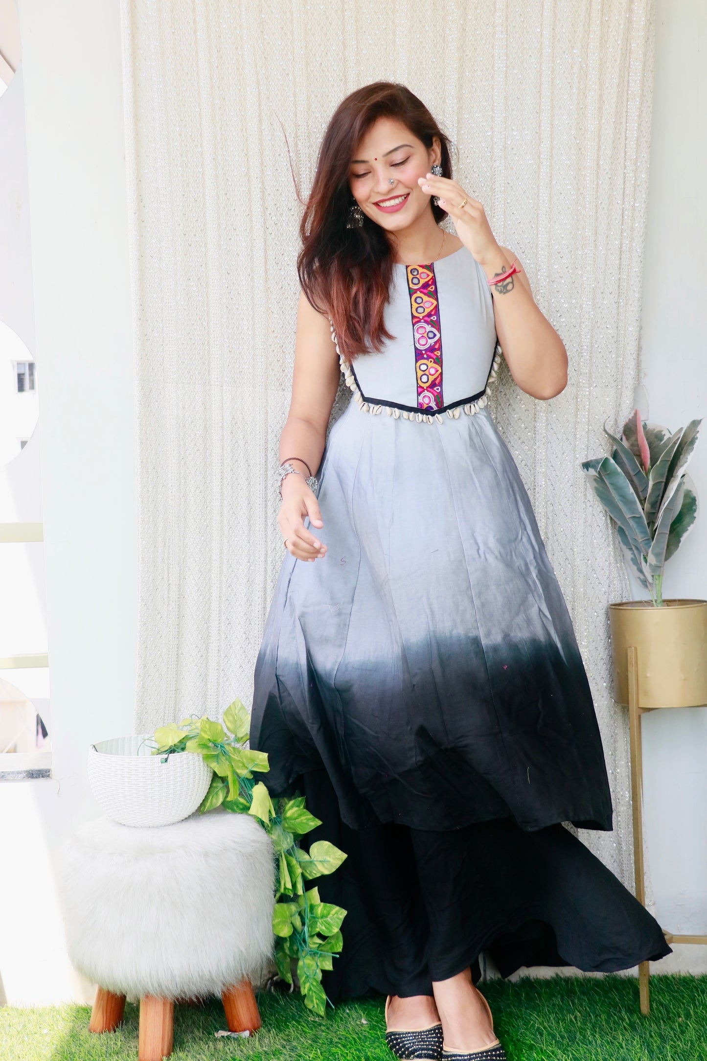 ZOYA GREY BLACK HANDWORK ANARKALI PALAZZO SET - StudioAnaykaa