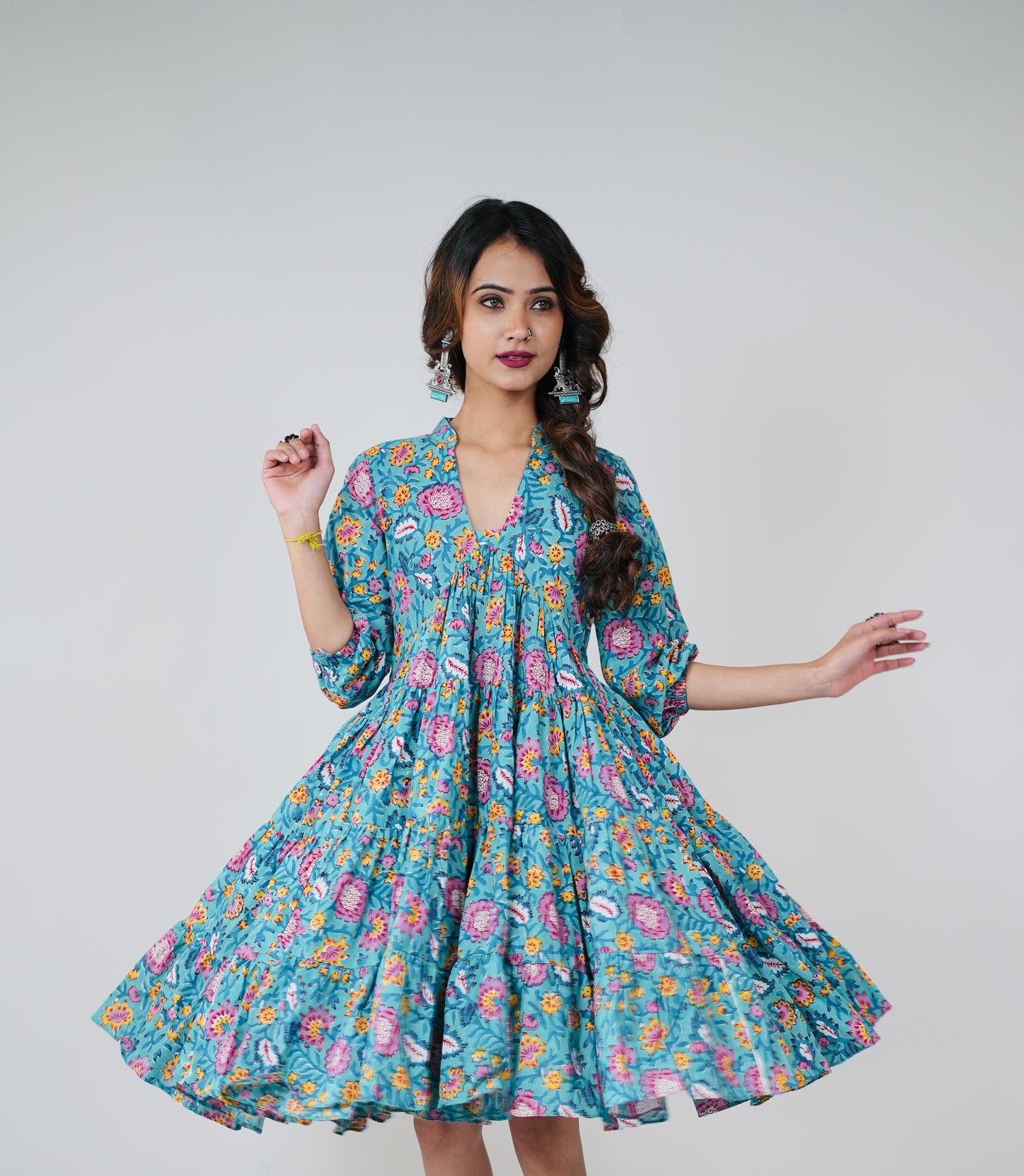 ARYA COTTON HANDBLOCK FLORAL DRESS - StudioAnaykaa