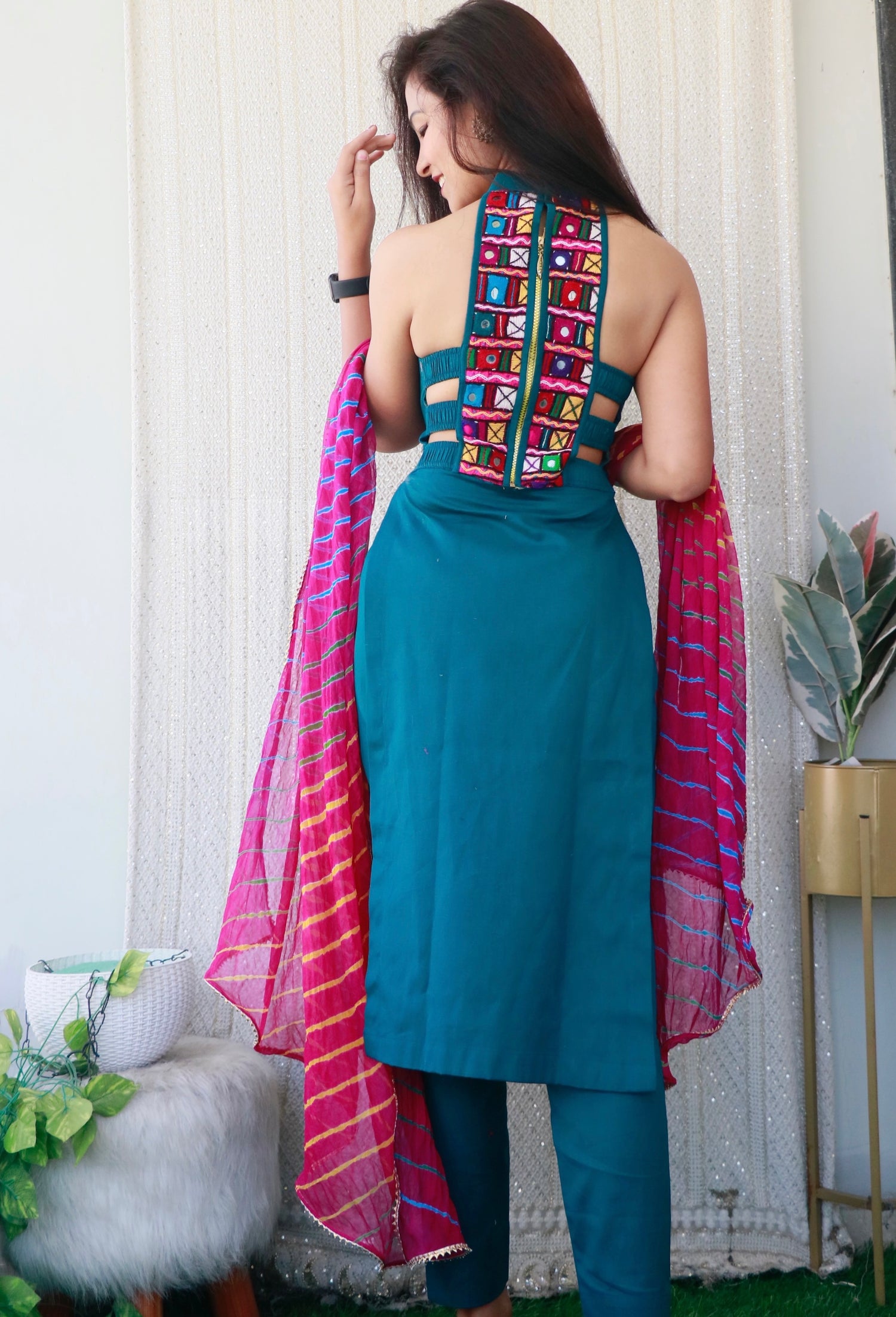 JADE TEAL BLUE KUTCHI HANDWORK KURTA SET - StudioAnaykaa