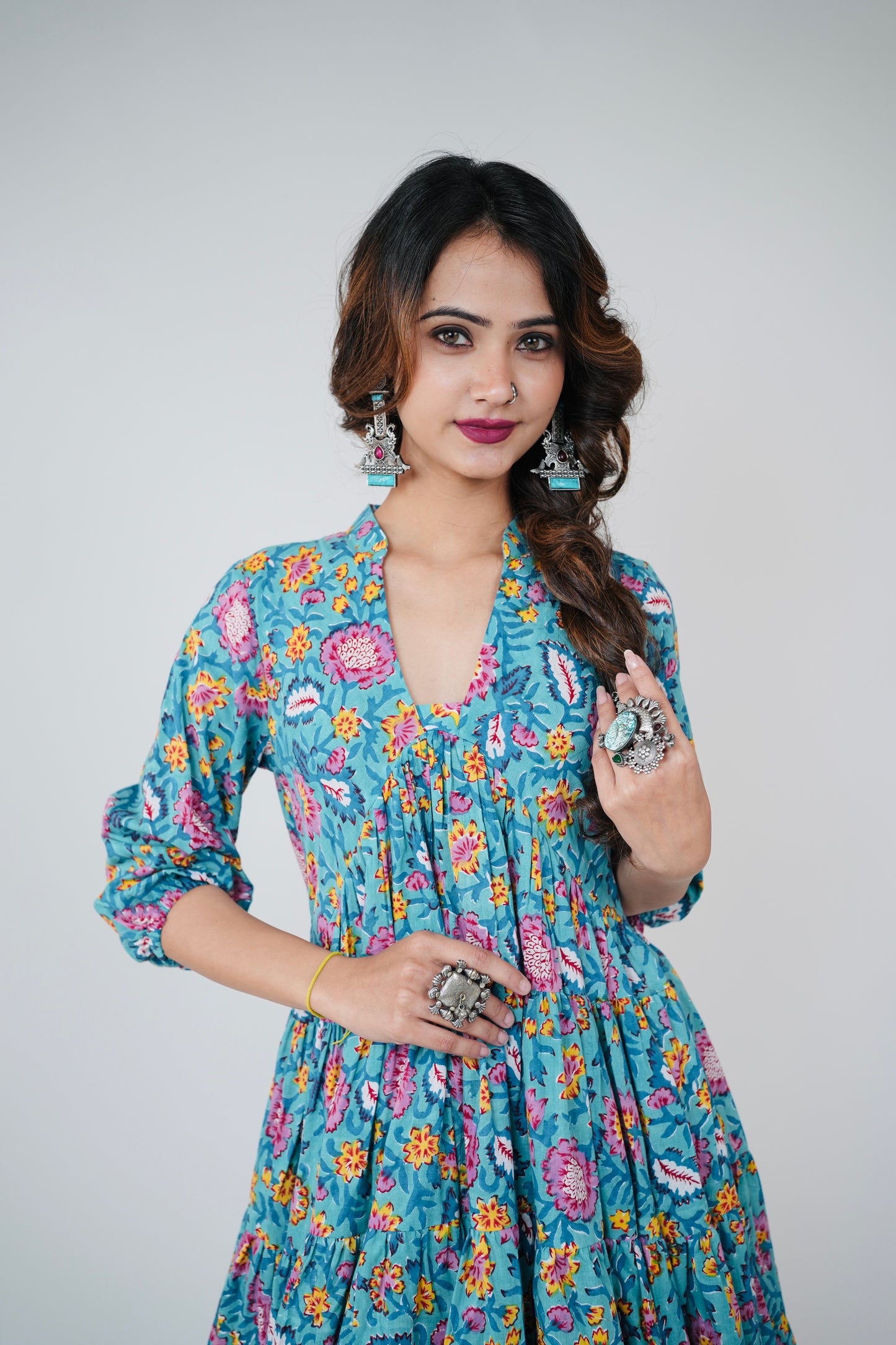 ARYA COTTON HANDBLOCK FLORAL DRESS - StudioAnaykaa