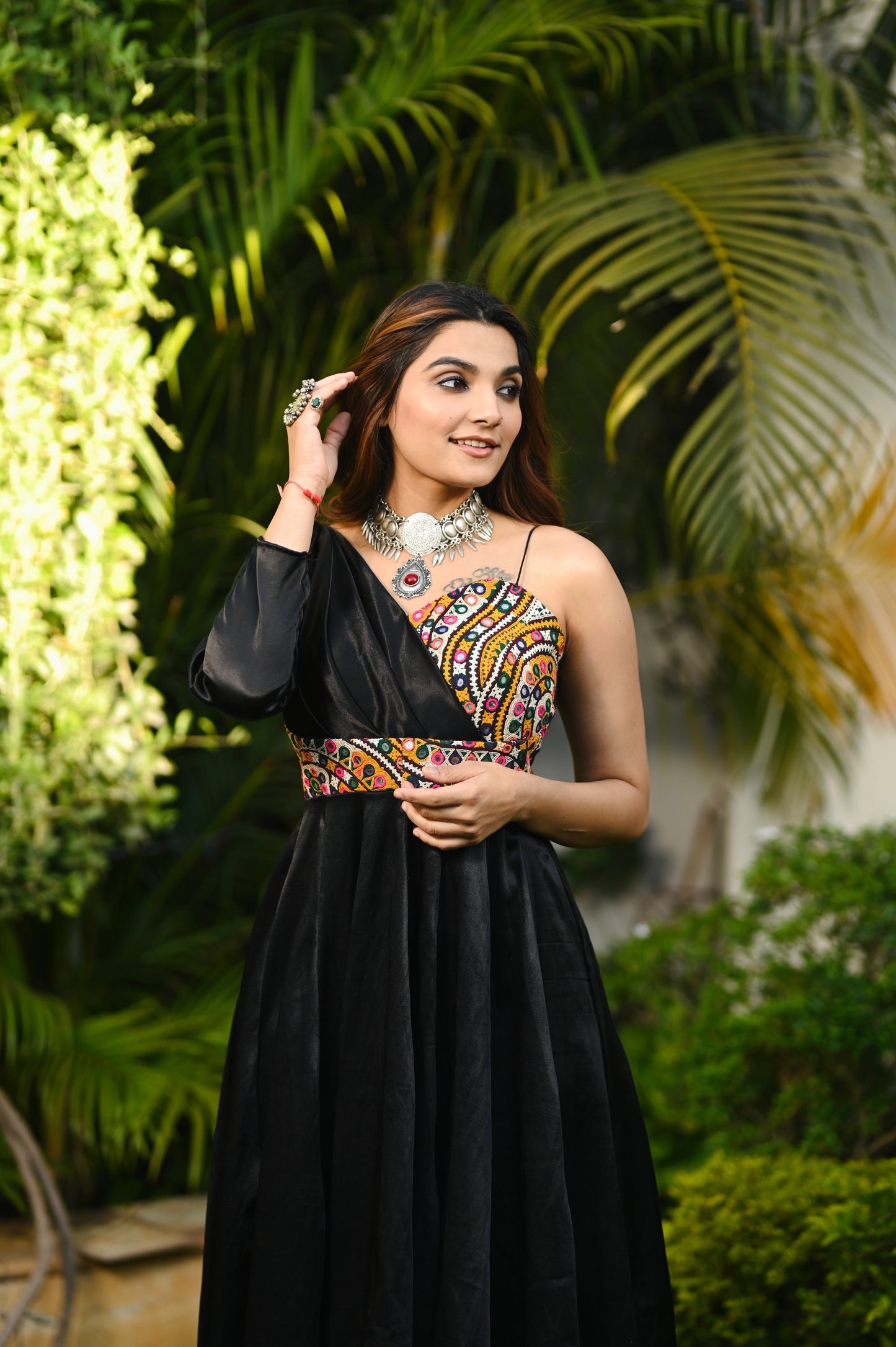 MAITHILI BLACK MASHRUSILK KUTCHI HANDWORK GOWN - StudioAnaykaa