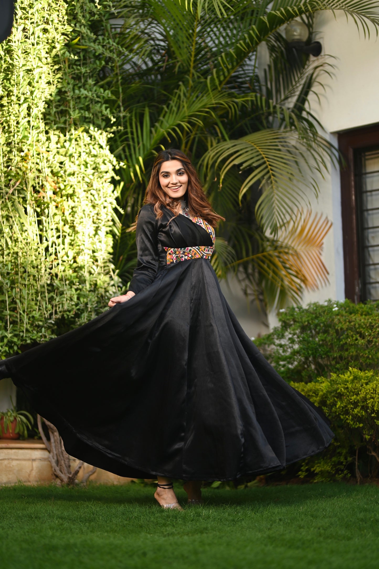 MAITHILI BLACK MASHRUSILK KUTCHI HANDWORK GOWN - StudioAnaykaa