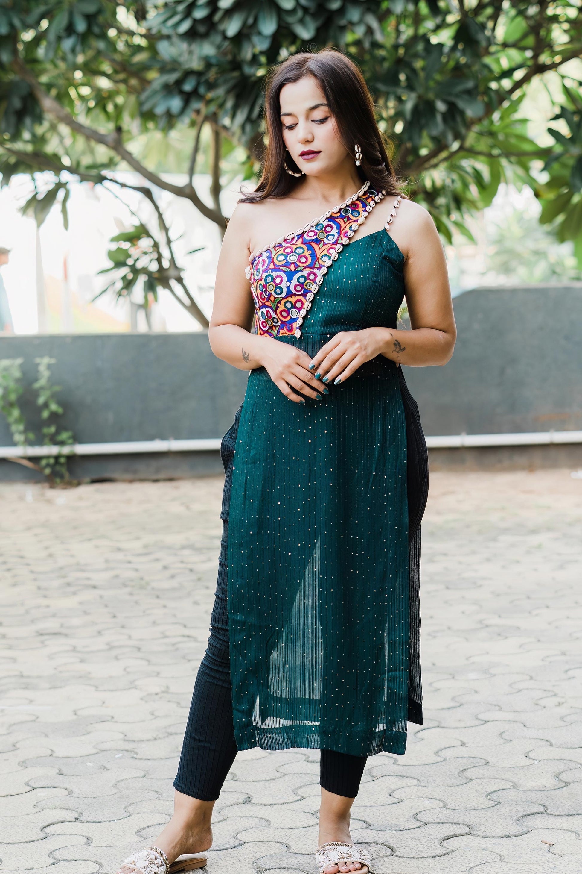 LILY TEAL GREEN KUTCHI HAND WORK KURTA - StudioAnaykaa