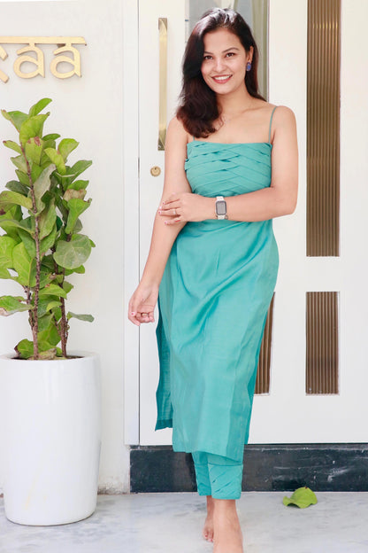 AMRITA SEA GREEN CHANDERI KURTA SET - StudioAnaykaa