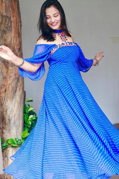 SANA BLUE GEORGETTE KUTCHI HANDWORK DRESS - StudioAnaykaa