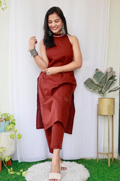 AMAYA BROWN COTTON KURTA SET - StudioAnaykaa