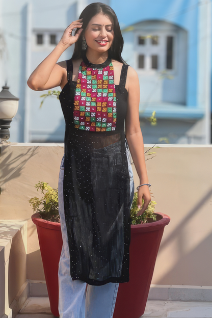 SEAMY BLACK KUTCHI HANDWORK KURTA - StudioAnaykaa