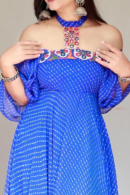 SANA BLUE GEORGETTE KUTCHI HANDWORK DRESS - StudioAnaykaa