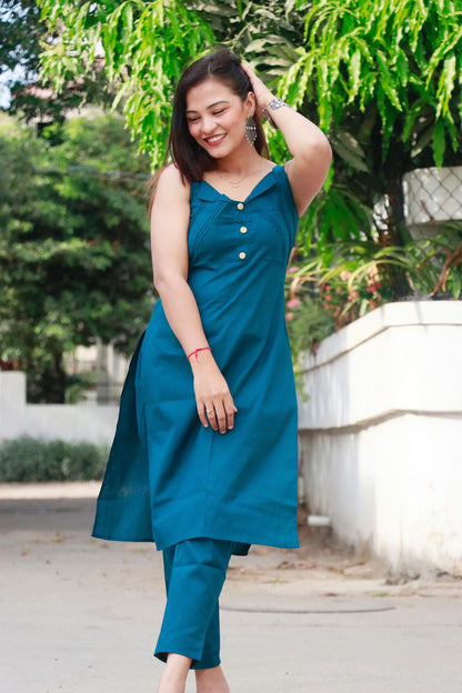 SAANVI TEAL BLUE JUTE COTTON KURTA SET - StudioAnaykaa