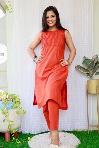 ESHA RUST ORANGE COTTON KURTA SET - StudioAnaykaa