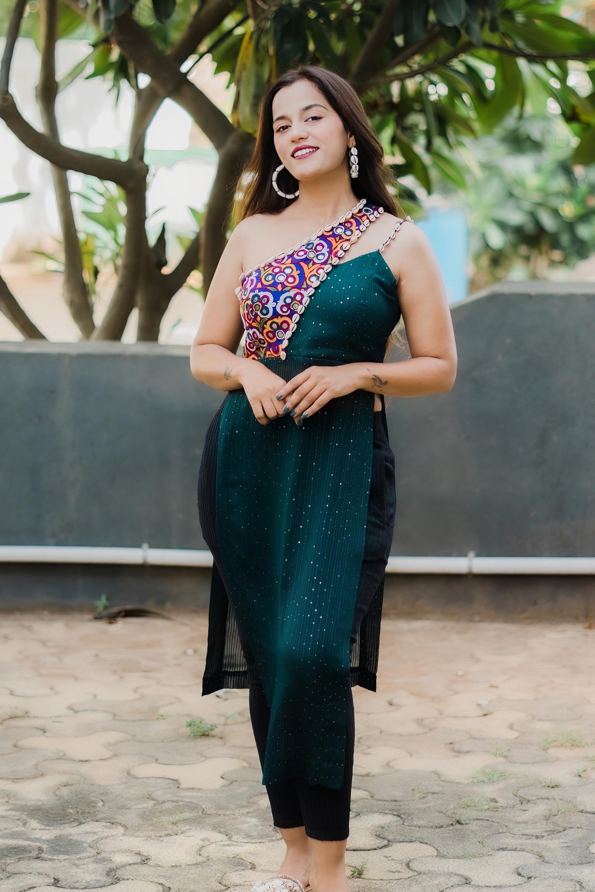 LILY TEAL GREEN KUTCHI HAND WORK KURTA - StudioAnaykaa