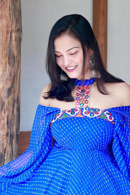SANA BLUE GEORGETTE KUTCHI HANDWORK DRESS - StudioAnaykaa