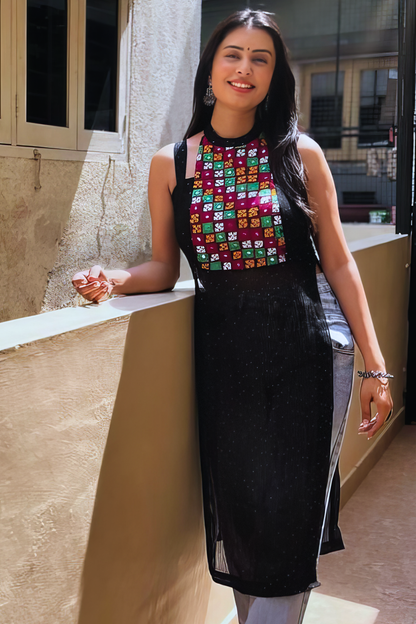 SEAMY BLACK KUTCHI HANDWORK KURTA - StudioAnaykaa