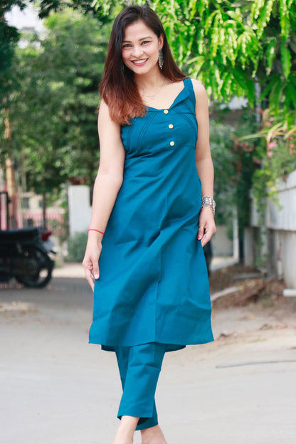 SAANVI TEAL BLUE JUTE COTTON KURTA SET - StudioAnaykaa