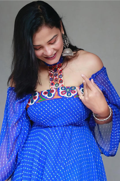 SANA BLUE GEORGETTE KUTCHI HANDWORK DRESS - StudioAnaykaa