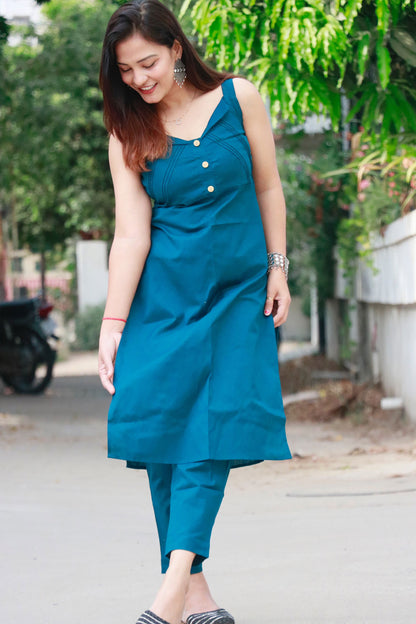 SAANVI TEAL BLUE JUTE COTTON KURTA SET - StudioAnaykaa