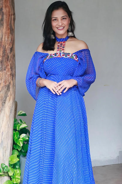 SANA BLUE GEORGETTE KUTCHI HANDWORK DRESS - StudioAnaykaa