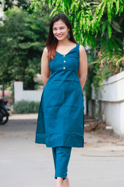 SAANVI TEAL BLUE JUTE COTTON KURTA SET - StudioAnaykaa