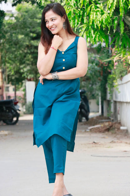 SAANVI TEAL BLUE JUTE COTTON KURTA SET - StudioAnaykaa
