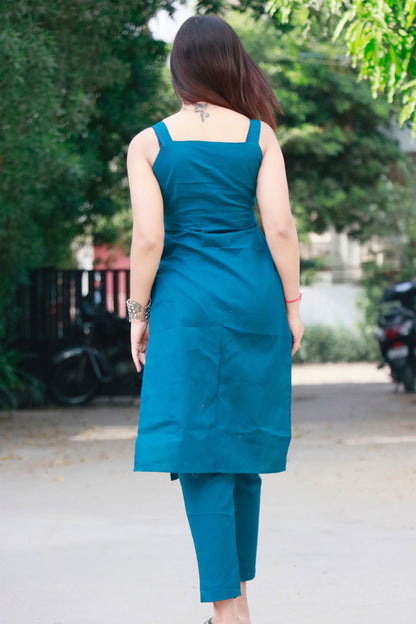 SAANVI TEAL BLUE JUTE COTTON KURTA SET - StudioAnaykaa