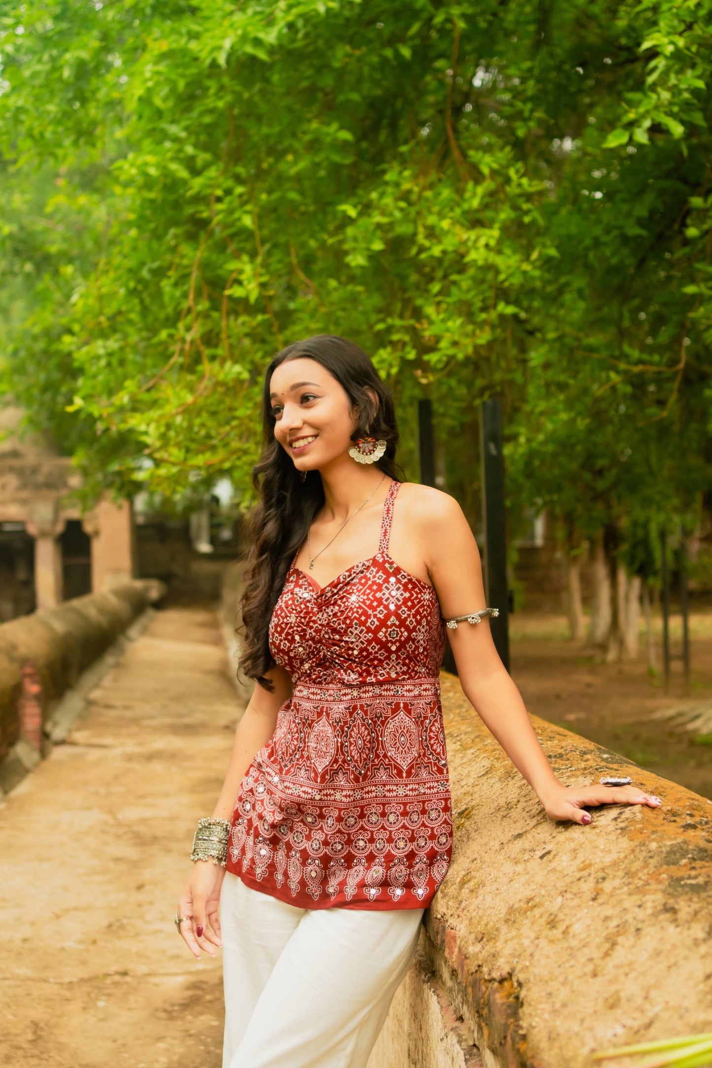 Ajrakh print short kurti neckline detail