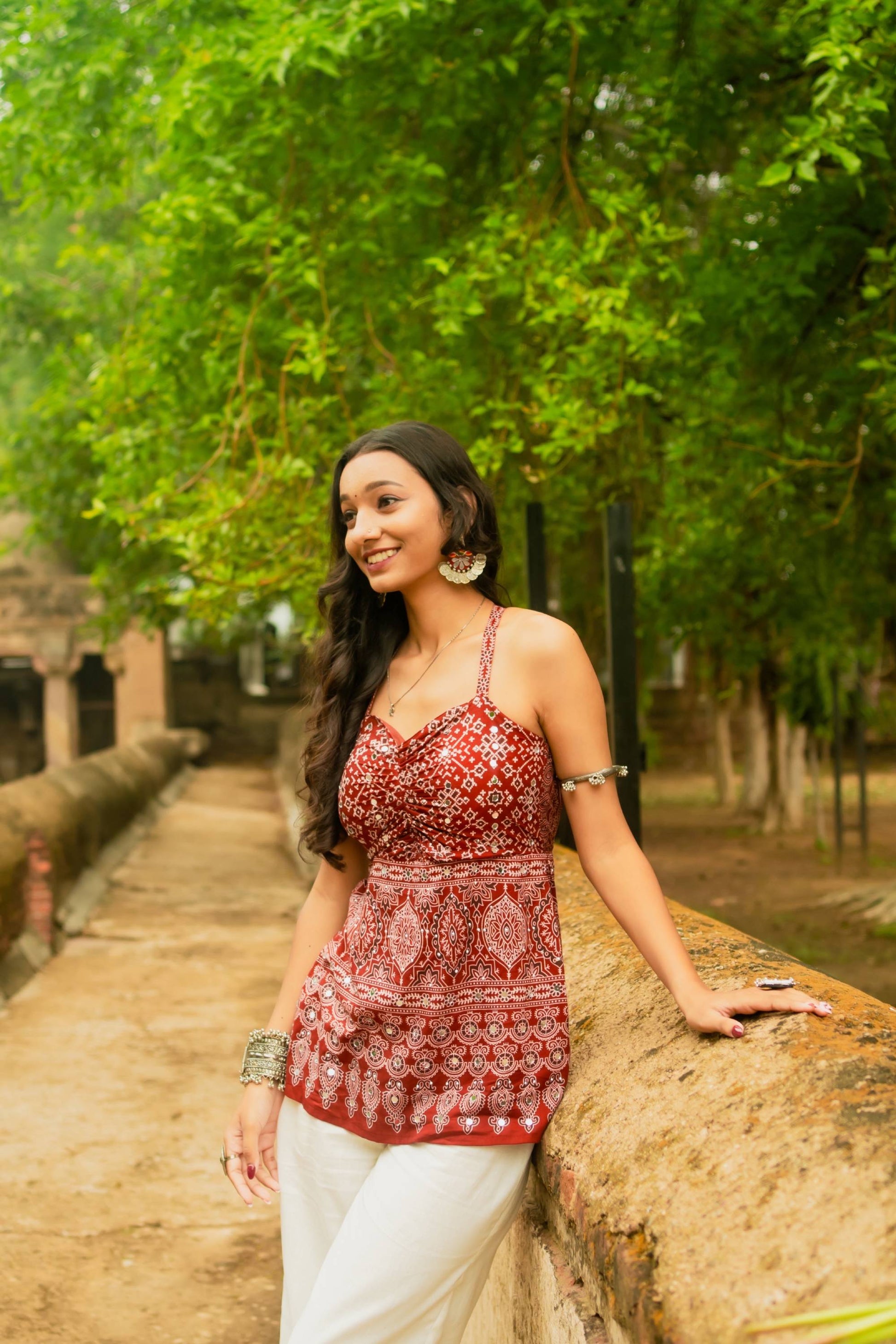 Ajrakh print short kurti neckline detail