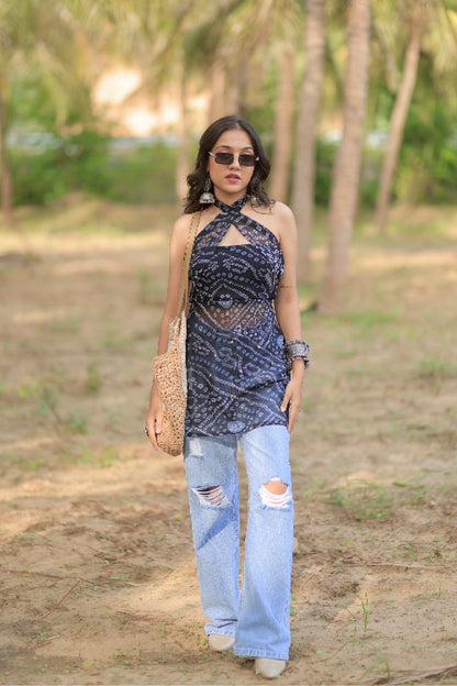 Black Bandhani Halter Short kurti for Women 