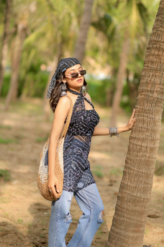 Black Bandhani Halter Short kurti for Women front | Anaykaa