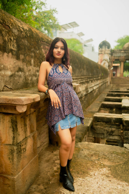 Blue Ajrakh Cotton Short kurti by Anaykaa