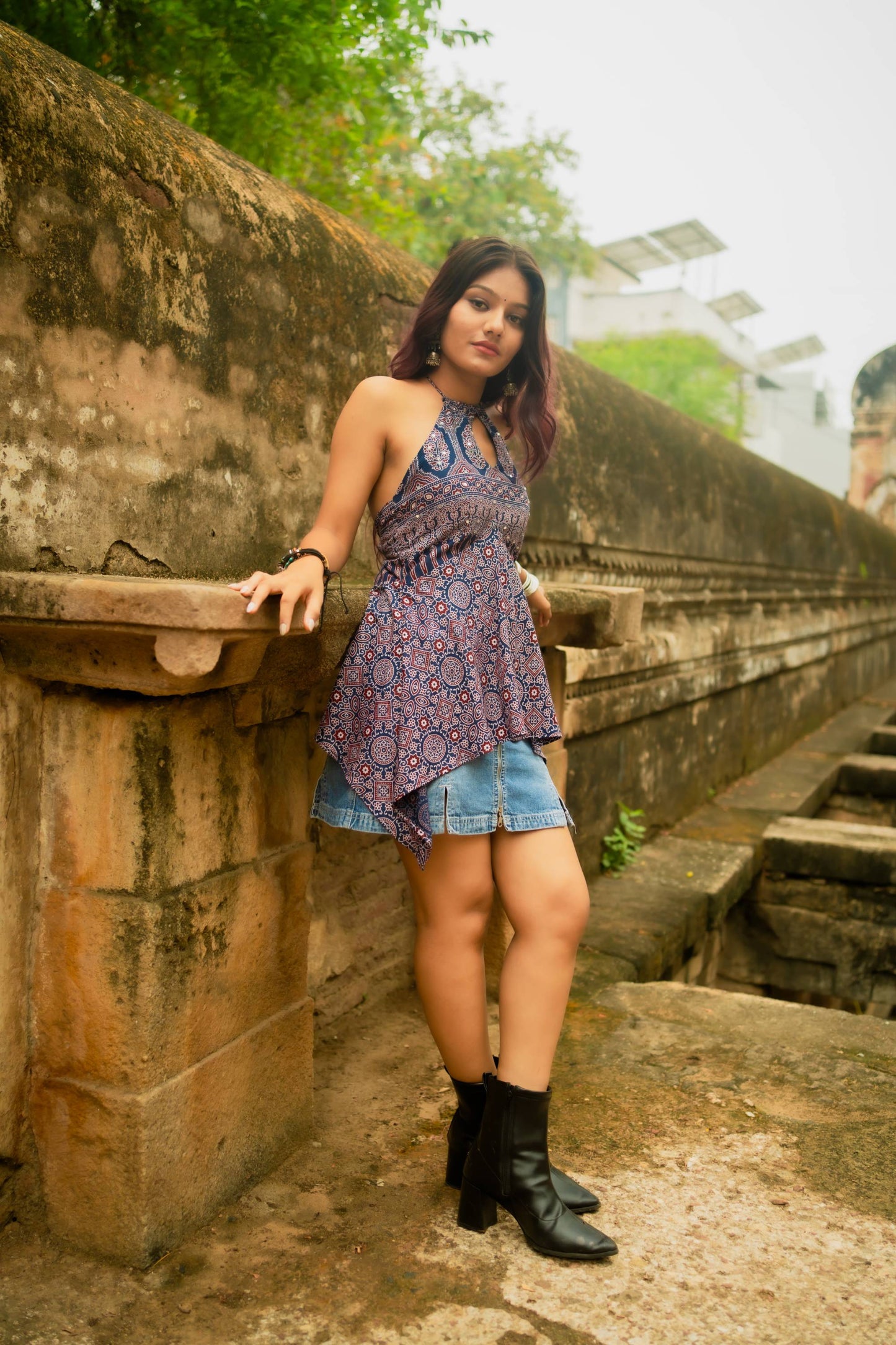Blue Ajrakh Cotton Short kurti by Anaykaa