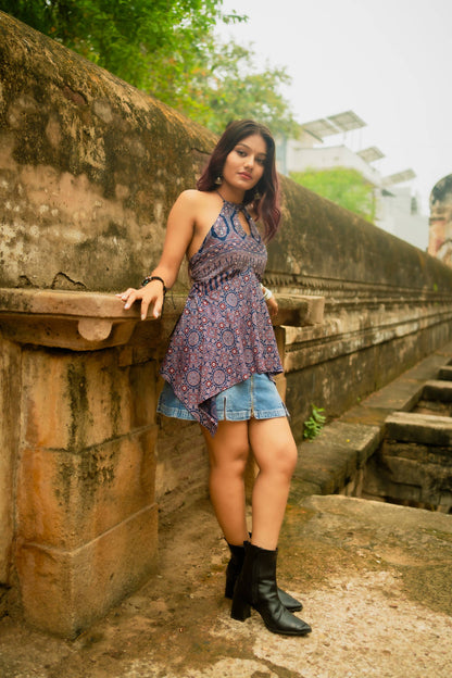 Blue Ajrakh Cotton Short kurti by Anaykaa