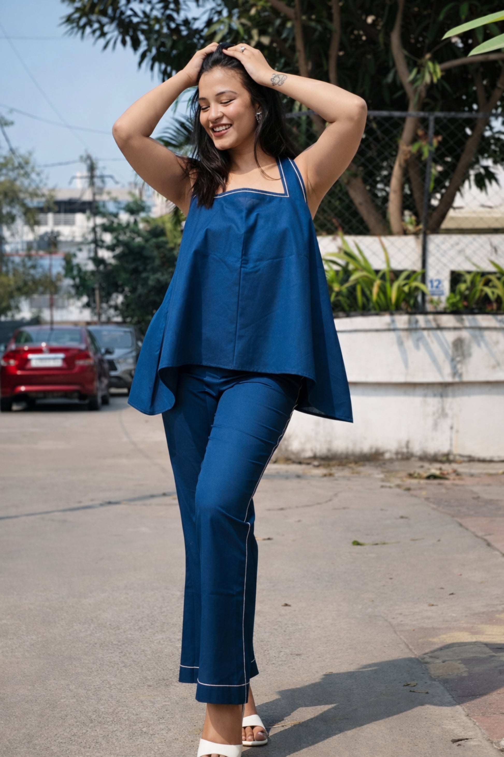 Celestia Easy Day Co-ord Set in premium cotton with strappy top and straight-fit pants by Studio Anaykaa.