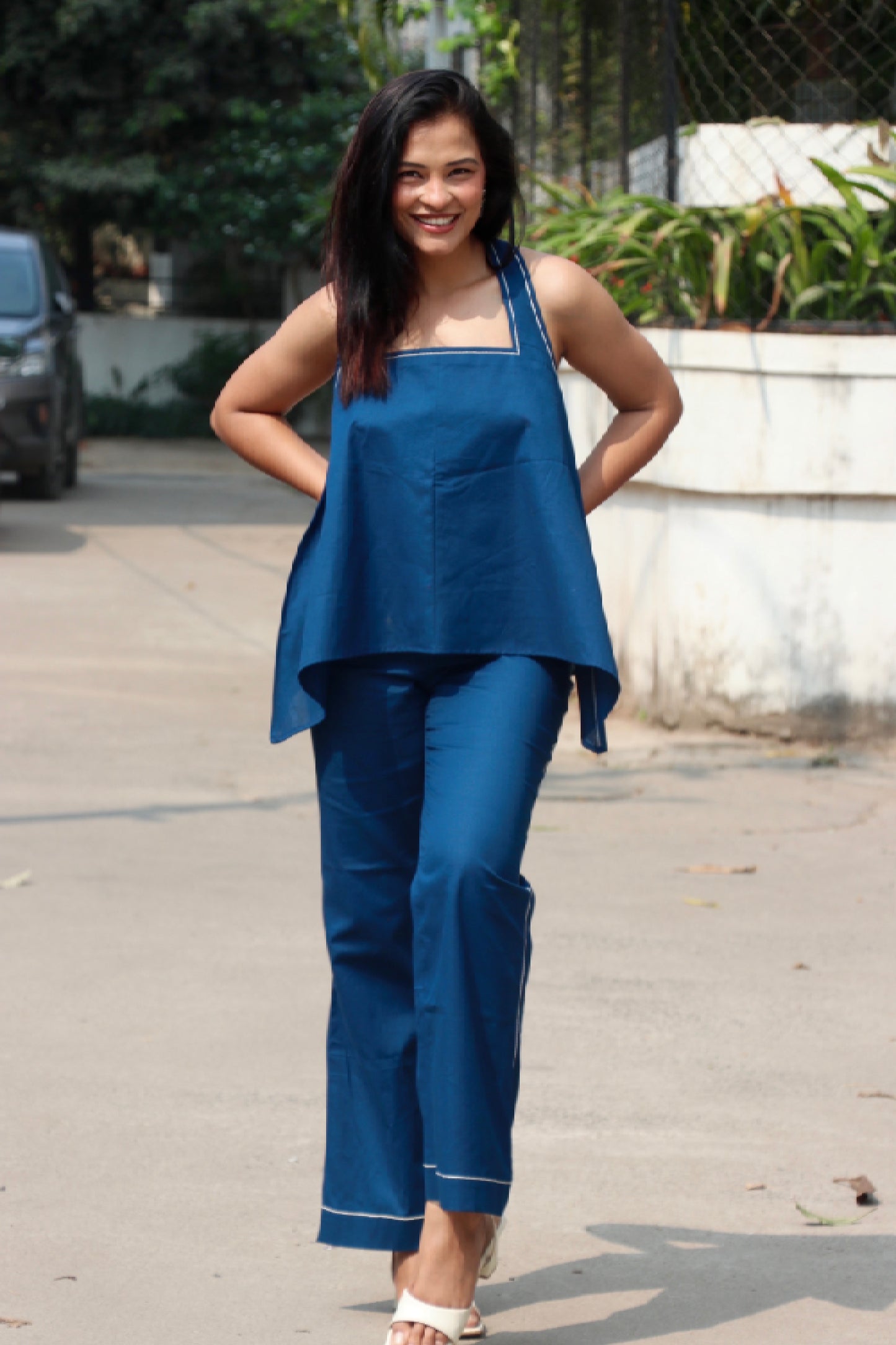 Celestia Easy Day Co-ord Set in premium cotton with strappy top and straight-fit pants by Studio Anaykaa.