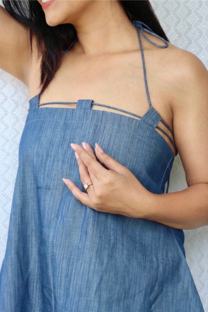 Deniva Denim Midi Dress in lightweight blue denim featuring strappy neckline and flattering midi silhouette for women.