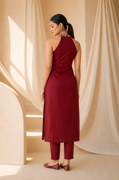 BERRY MAROON JUTE COTTON KURTA SET - StudioAnaykaa