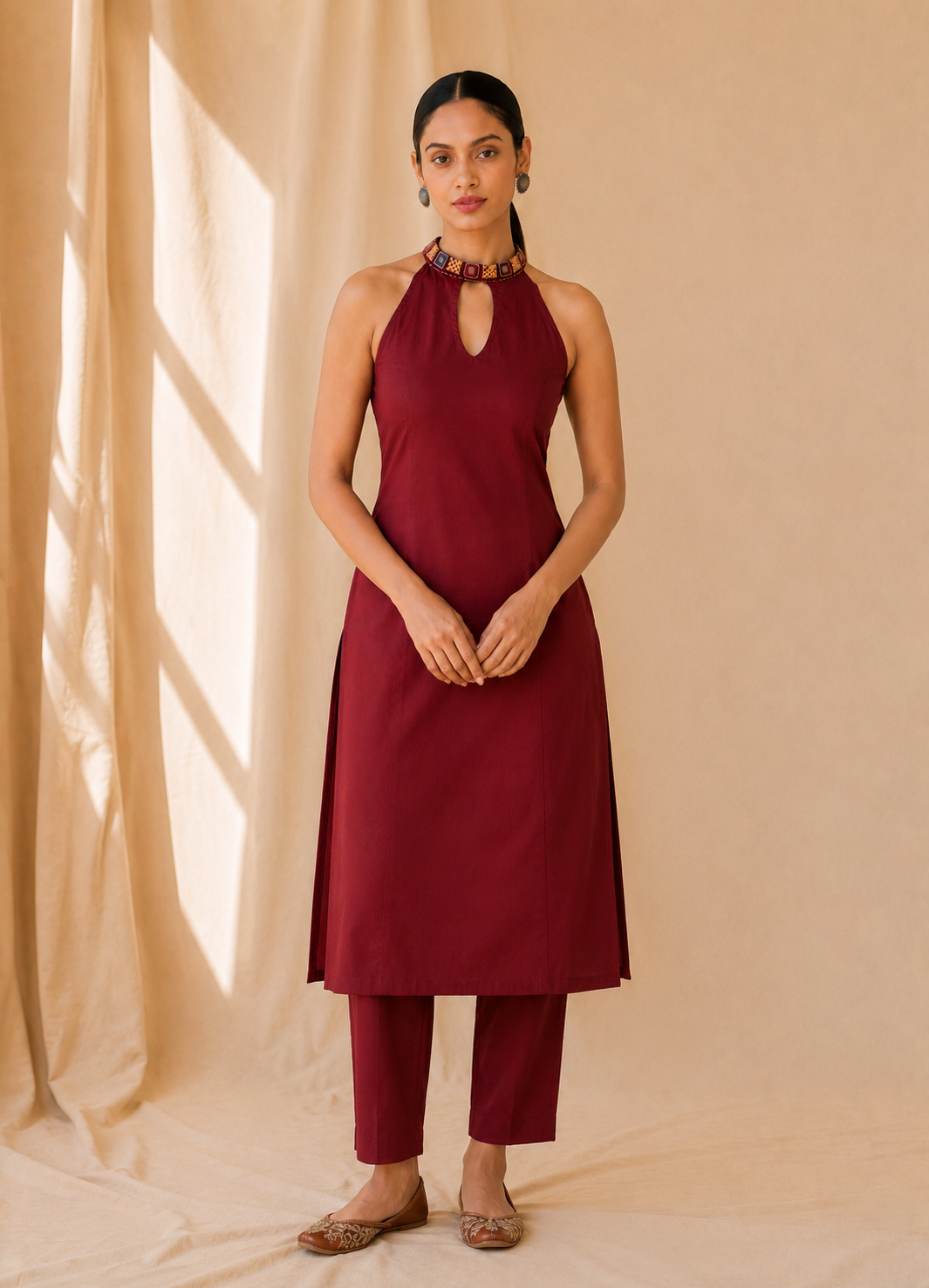 BERRY MAROON JUTE COTTON KURTA SET - StudioAnaykaa