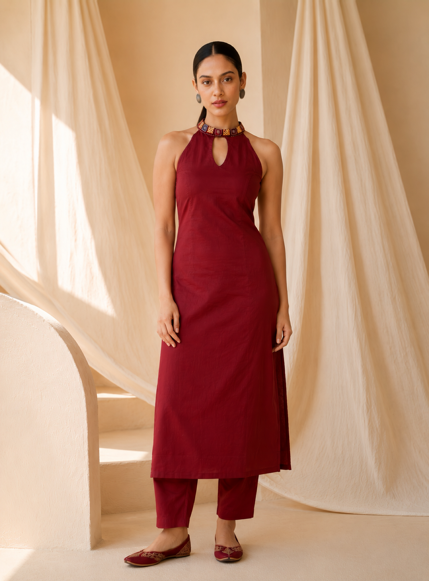 BERRY MAROON JUTE COTTON KURTA SET - StudioAnaykaa