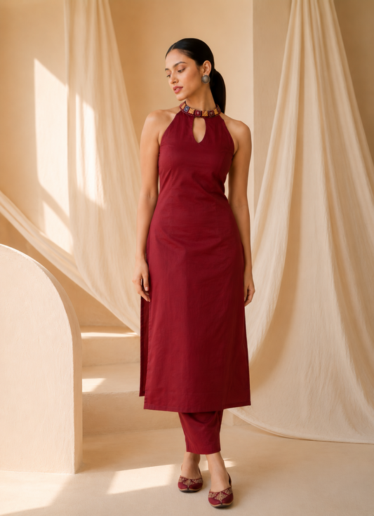 BERRY MAROON JUTE COTTON KURTA SET