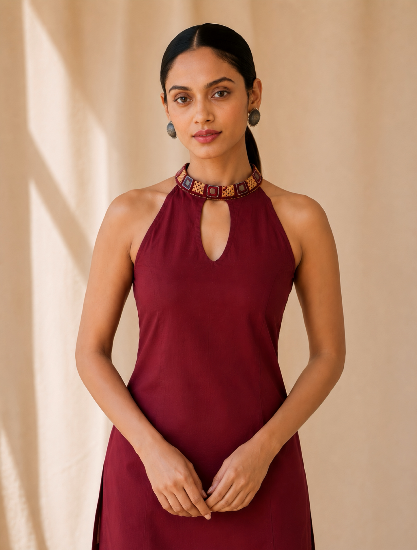 BERRY MAROON JUTE COTTON KURTA SET - StudioAnaykaa