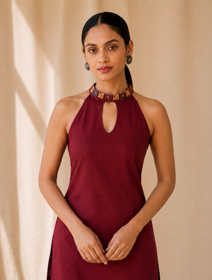 BERRY MAROON JUTE COTTON KURTA SET - StudioAnaykaa