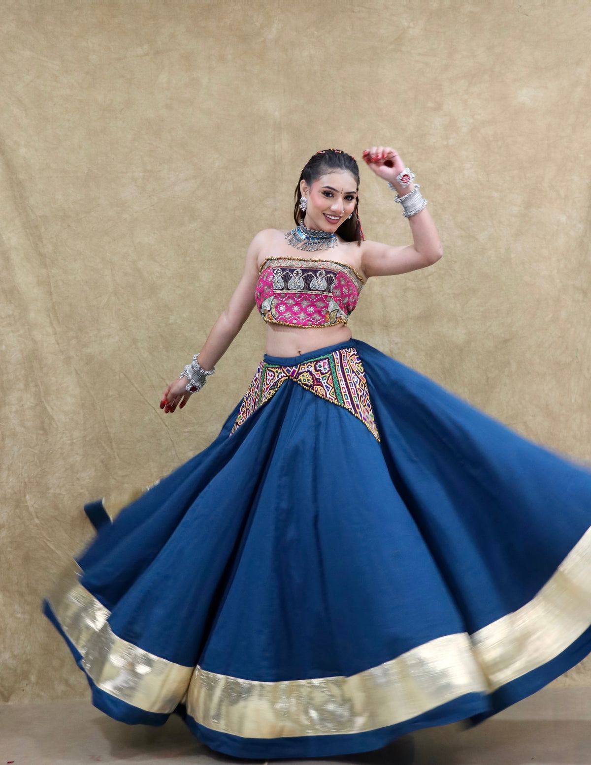 Mohini pink embroidered bustier with royal blue chaniya