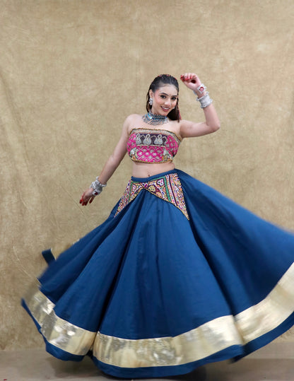 Mohini pink embroidered bustier with royal blue chaniya