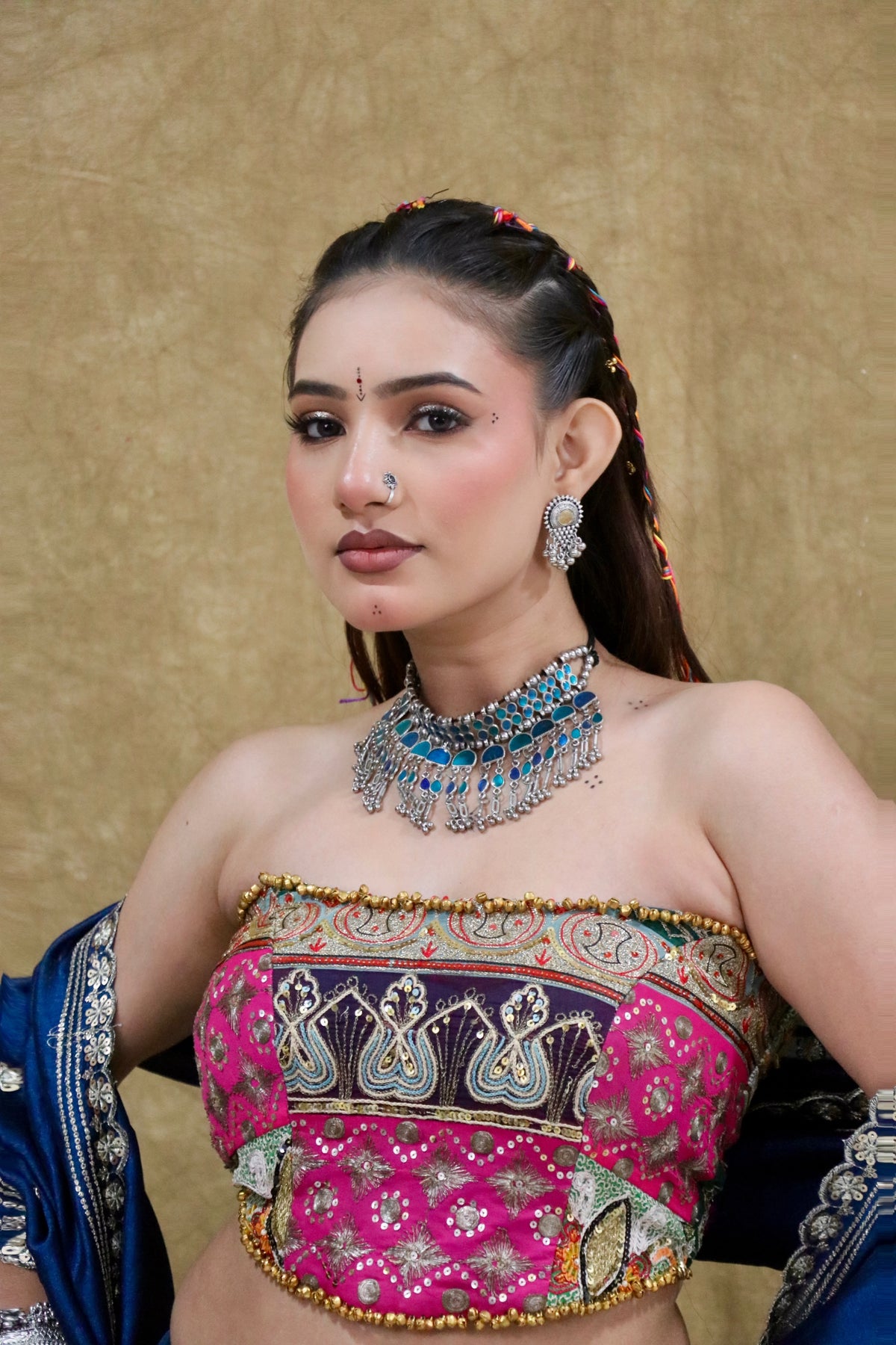 Mohini vintage pink bustier and royal blue handwork chaniya