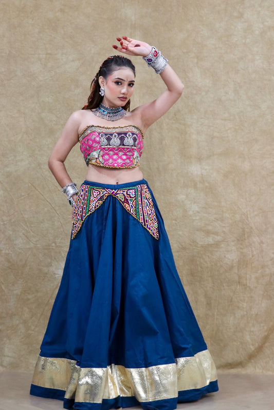 Mohini vintage pink bustier and royal blue handwork chaniya choli by Anaykaa
