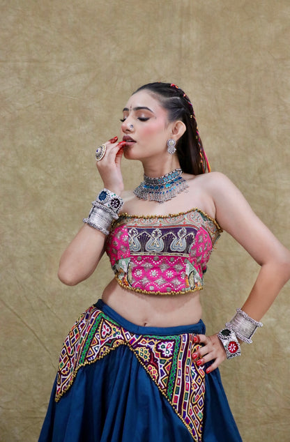 Mohini vintage pink bustier and royal blue handwork chaniya choli by Anaykaa