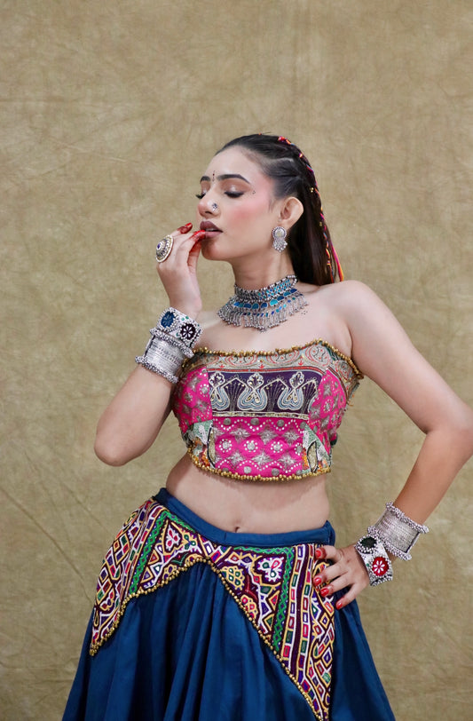 Mohini vintage pink bustier and royal blue handwork chaniya choli by Anaykaa
