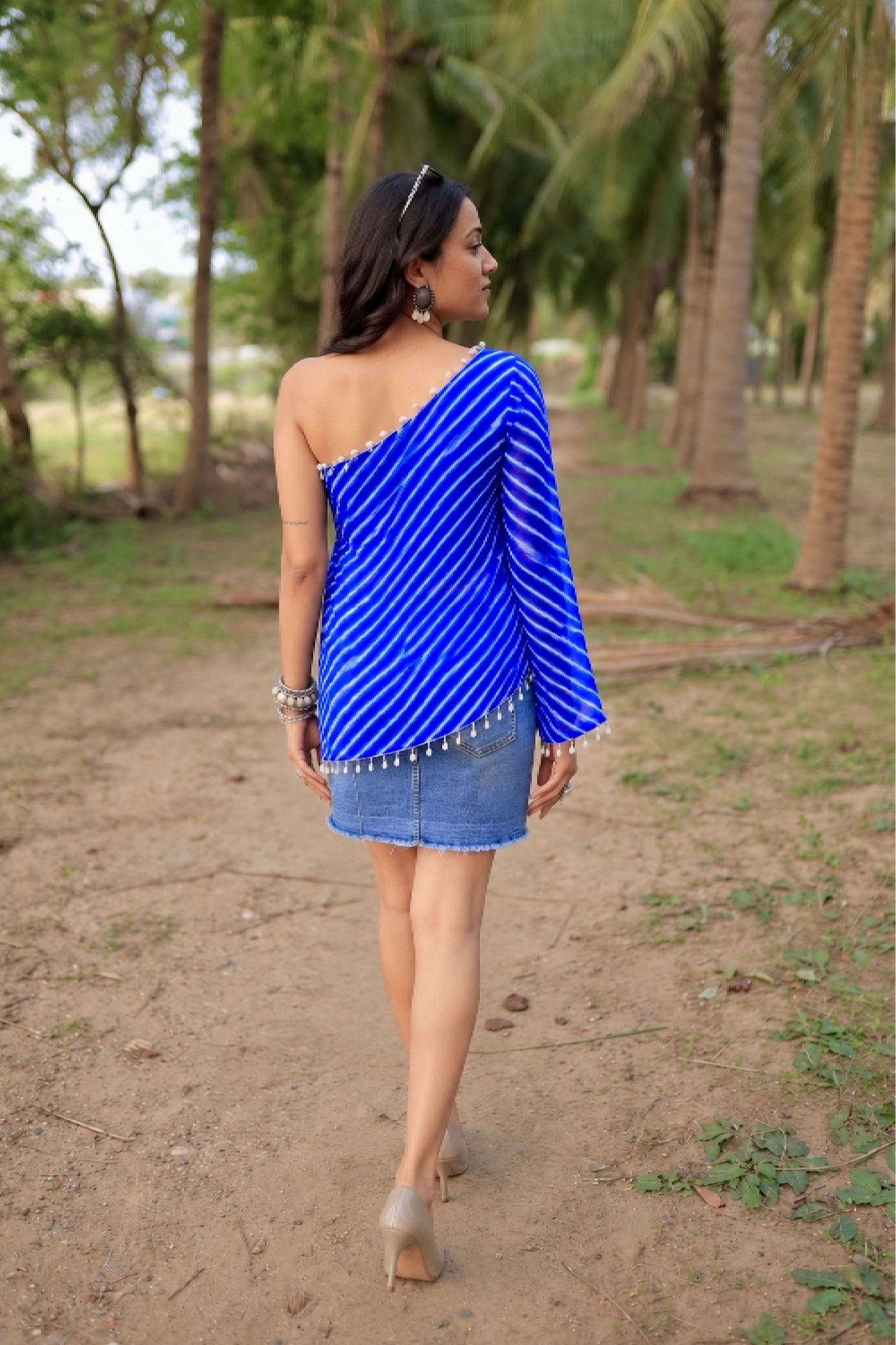 AZURA ONE SHOULDER LEHERIYA SHORT KURTI