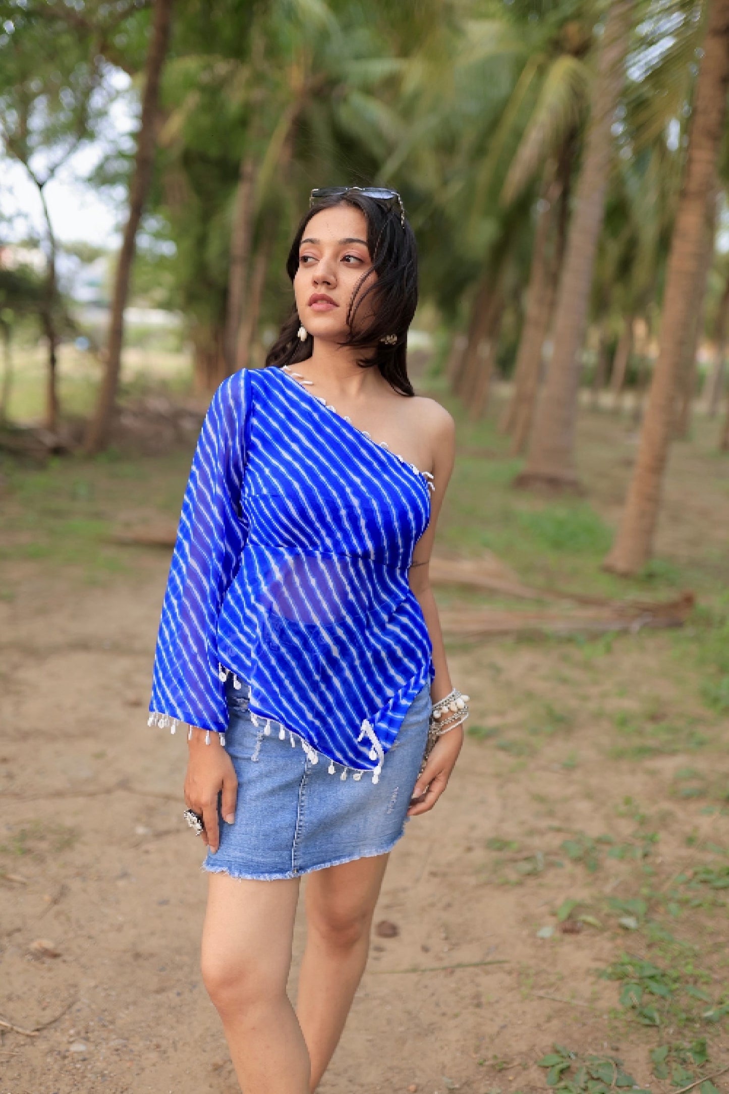 AZURA ONE SHOULDER LEHERIYA SHORT KURTI