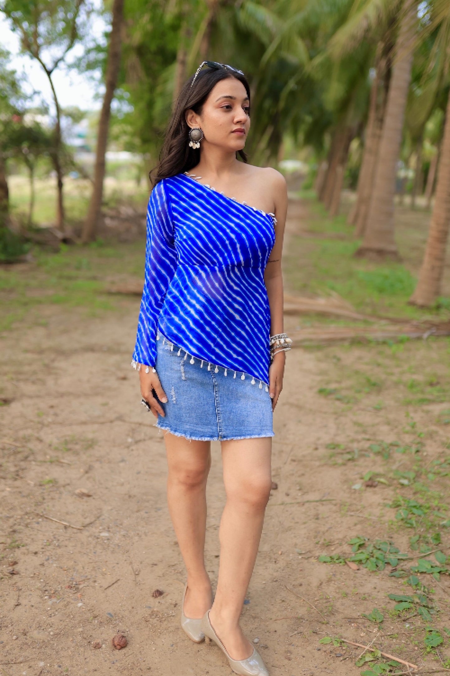 AZURA ONE SHOULDER LEHERIYA SHORT KURTI